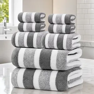 8-Piece Microfiber Towel Set, Gray/White Stripes Bathroom bTowel Sets, Soft Absorbent big Towels, 2 Bath Towels (70x140cm) + 2 Hand Towels + 4 Washcloths  large bathtowels