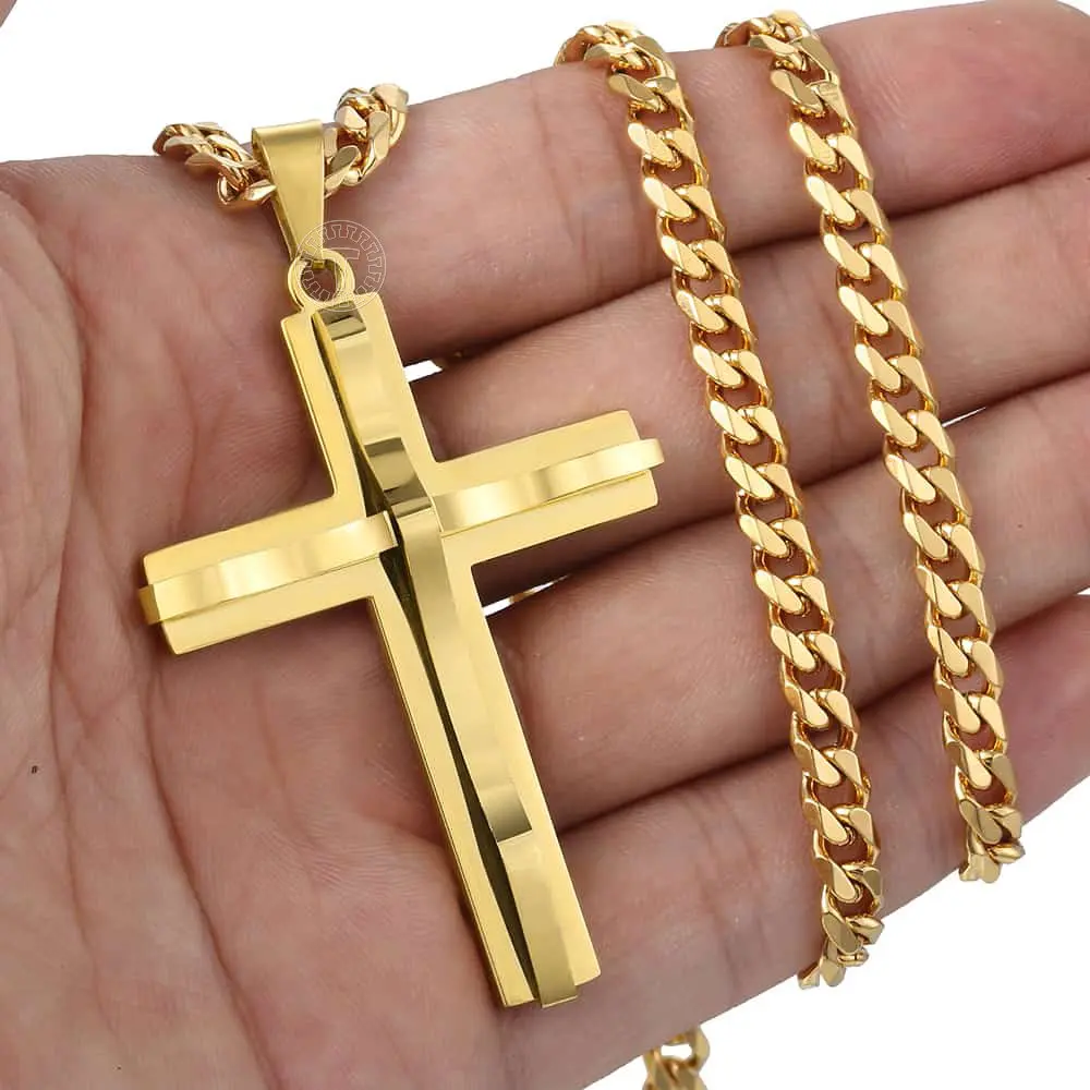 Hermah Yellow Gold Plated Curved Cross Pendant Necklace Curb Chain 18-30inch for Men Male Female Valentinne Birthday Gift