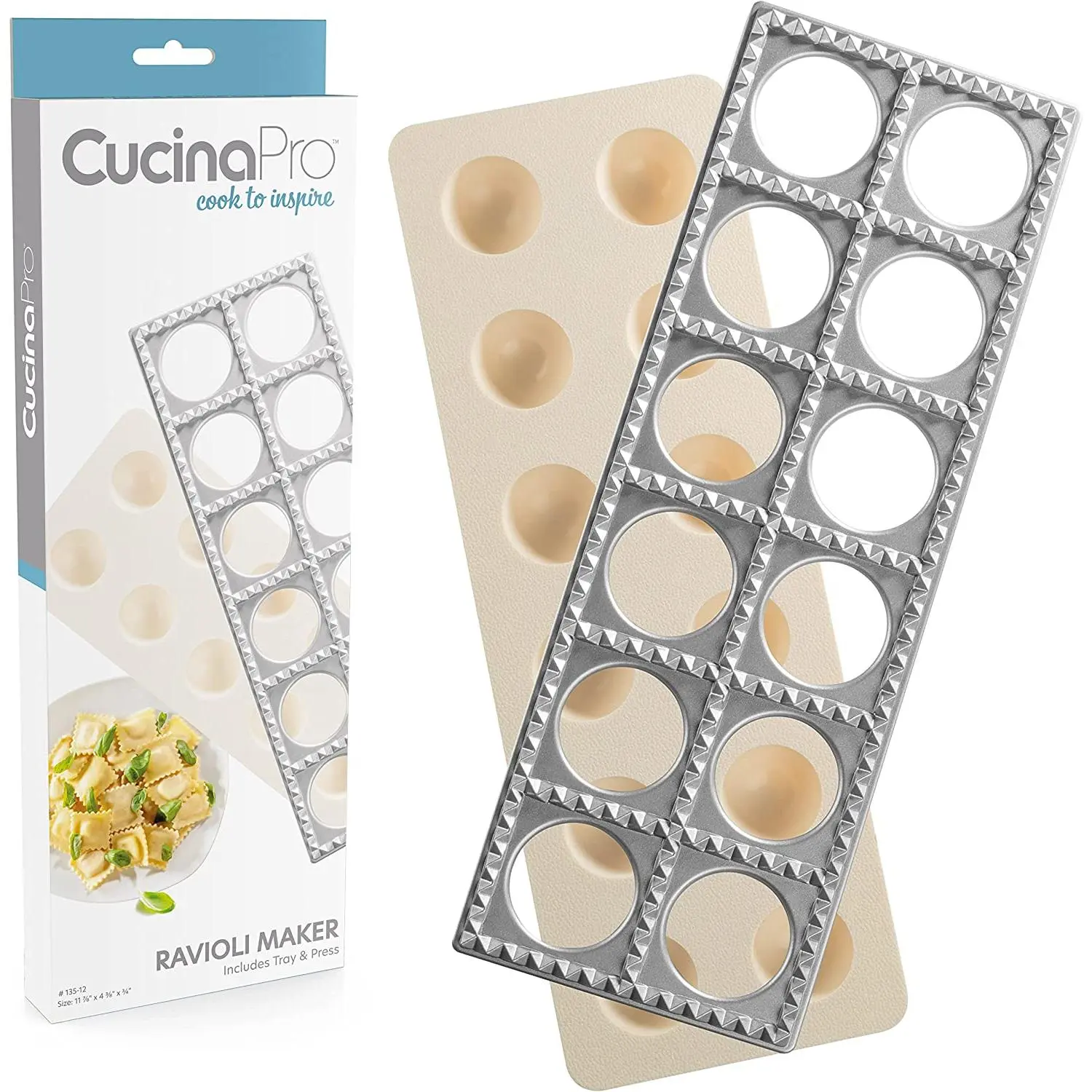Ravioli Mold with Extra Large 1 3/4" Squares- Authentic Ravioli Tray and Press Makes 12 Italian Raviolis at a Once