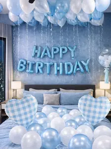 45pcs Light Blue Birthday Balloon Decor Kit, Happy Birthday Letter Foil Balloons with Pearl Blue White Latex and Heart Foil Balloons for Party Backdrop
