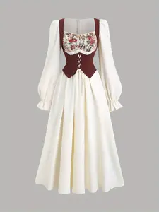 Women's Vintage Waist Cinched Long Sleeve Fitted Dress, Fall Fashion, Victorian Style, Elegant and Versatile, Perfect for Vacation