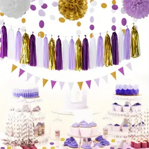 Purple & White Lavender Tissue Paper Pom Poms and Tassel Garland Banner - Princess Theme Party Decorations for Weddings, Birthdays, Bridal Showers, Graduation - Lightweight Durable Paper, No Electricity Needed, Indoor/Outdoor Use