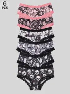 Morvia 6pcs Women's Gothic Spooky Lace Black Panties, Seamless Comfort underwear, Soft Elastic Fit, Lightweight Fabric, Cotton Crotch, Daily Wear, Alt Girl Exclusive