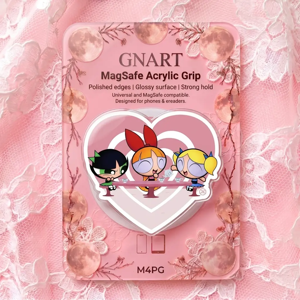 Nostalgic 90s Cartoon Superhero Trio Phone Grip, Pink Heart Shaped Acrylic Phone Holder for Women, Kawaii Y2K Aesthetic Griptok, Cute Retro Coquette Phone Stand Accessory Gift