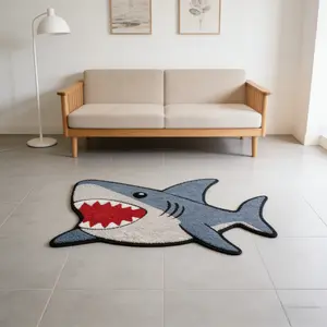 Creative Long Rug Carpet Mat, Cartoon Shark Pattern Design, Soft Plush Anti-Slip Material, Ideal for Bedroom & Living Room Use