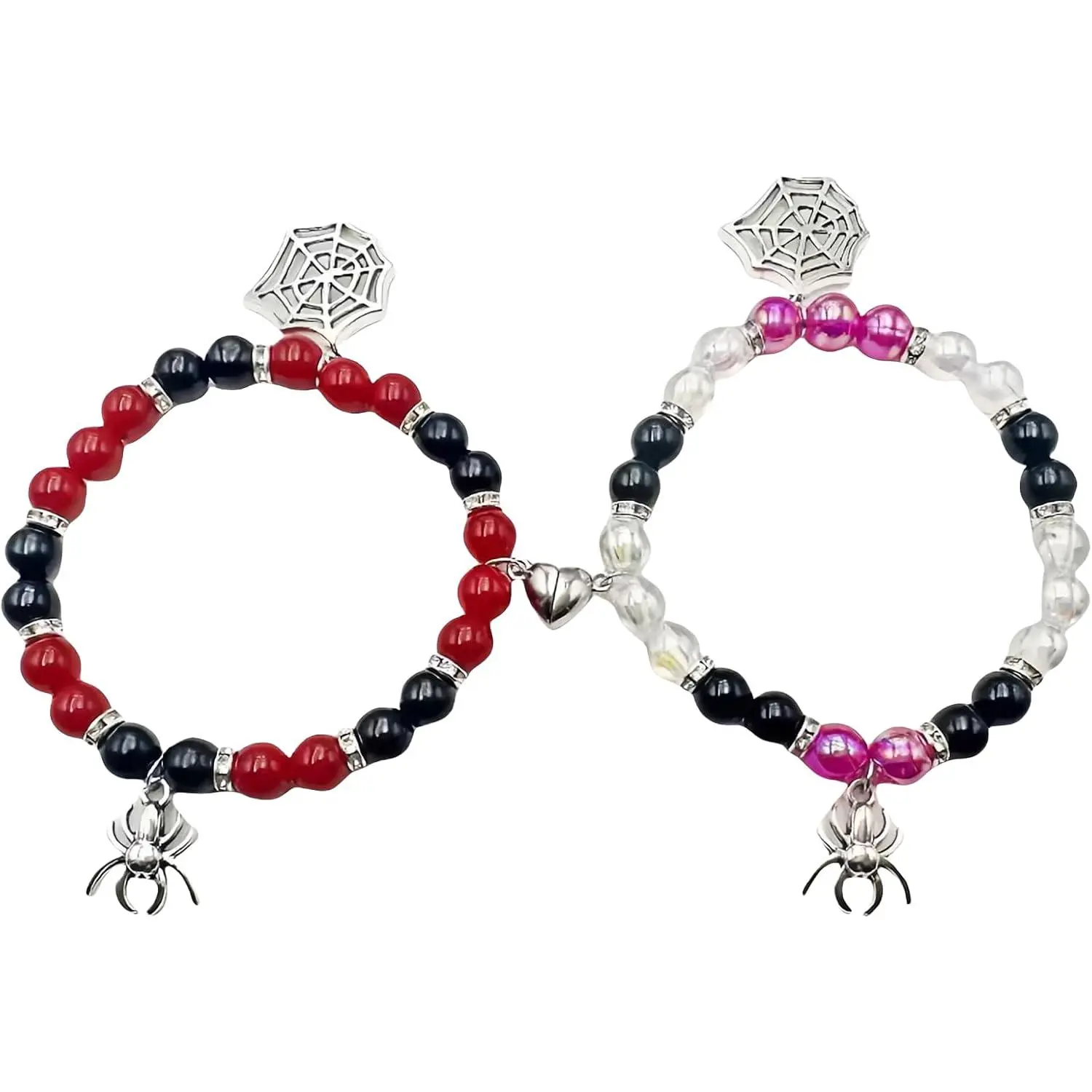 2-Pack Spider Friendship Bracelets for Couples, Halloween Jewelry Gift - Stretchable Adjustable Crystal Bead Bracelet with Heart Charm, Love Promise Bracelet for Him Her Best Friend