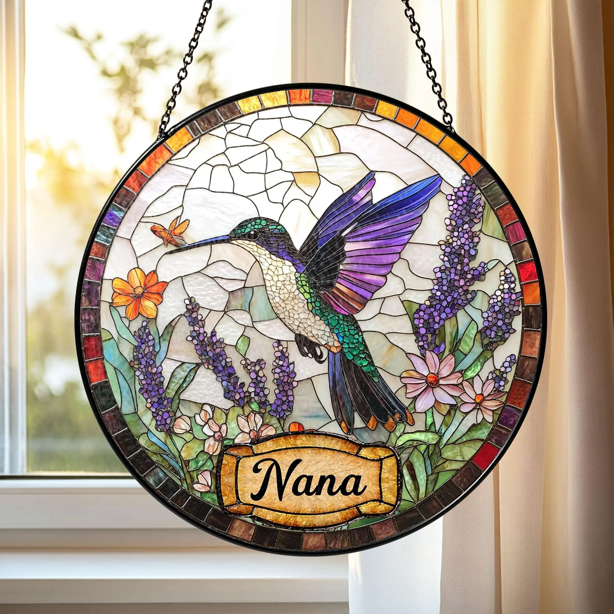 Personalized Nana Stained Glass Suncatcher Mother's Day Gift for Mom/Grandma, Hummingbird Flowers & Name Birthday Gifts Window Decor