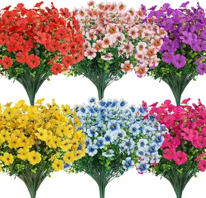 24 Bundles Artificial Flowers for Outdoors Decorations, Outdoor Faux Plants Fake Flowers, Fake Silk Violets Faux Eucalyptus Leaves for Garden Porch Balcony Home Wedding Party Decor (Mix 6 colors）
