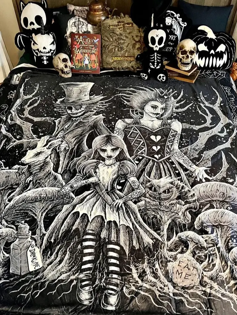 Malice in Wonderland Throw Blanket Gift Idea Badass Alternative Fashion Fans Bold edgy design for goth Harajuku streetwear lovers  Home Party Holiday Decor Christmas and Halloween and Birthday