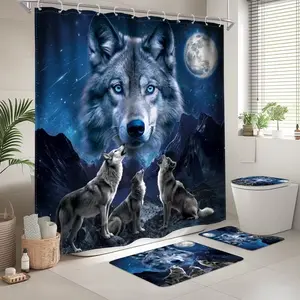 1/4pcs Wolf Pack Design, Galaxy Nebula Moon and Mountain Shower Curtain Set, includes non-slip mat, U-shaped rug, toilet seat cover, perfect for bathroom decor, partitioning, and beautifying the space. Comes with 12 shower curtain hooks.