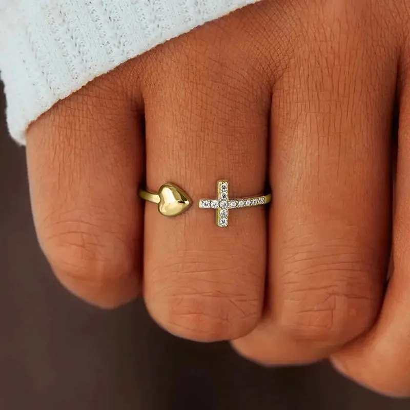 Open Heart and Cross Ring - Unisex Adjustable Open Band, Sizes 5-12, Couples Matching Promise Jewelry for Daily to Party Fit, Symbolic Love & Faith Gift for Him or Her