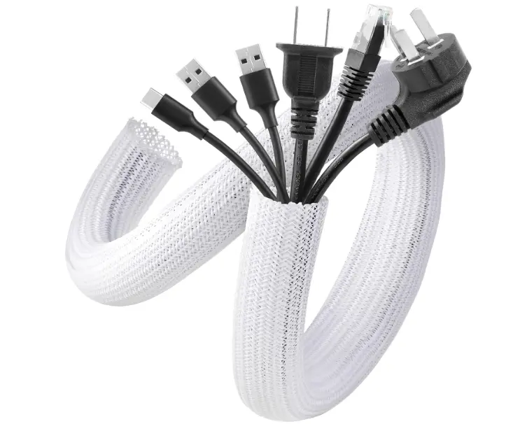 White Cable Sleeve Cover, 2 Pack 5ft - 1.2 inch Cord Management Wire Organizer Under Desk, Home Office Computer Wire Cover Hider Cord Protector, Protect Pet Cat from Chewing, White