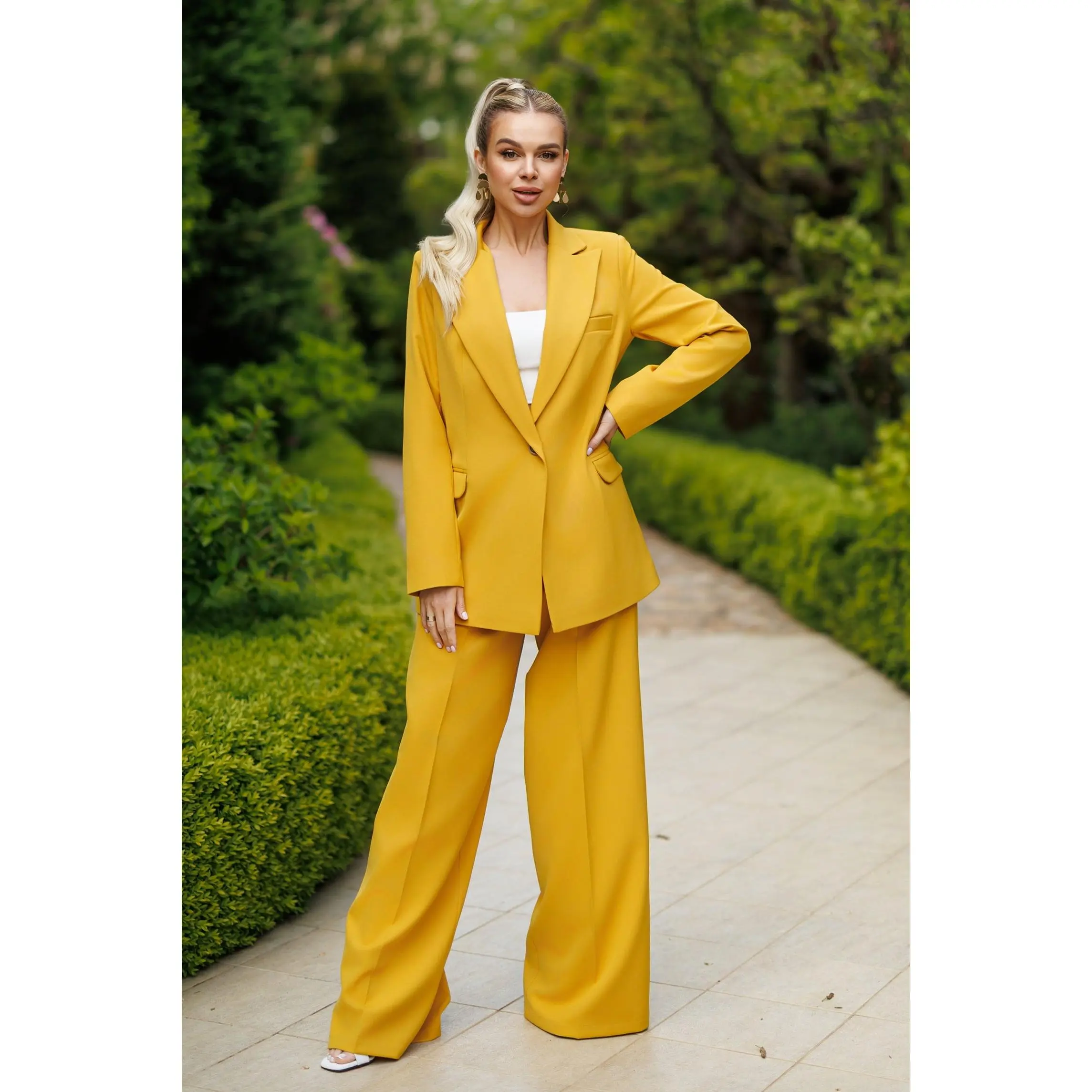 Selene Mustard Single-Breasted Wide-Leg Suit 2-Piece