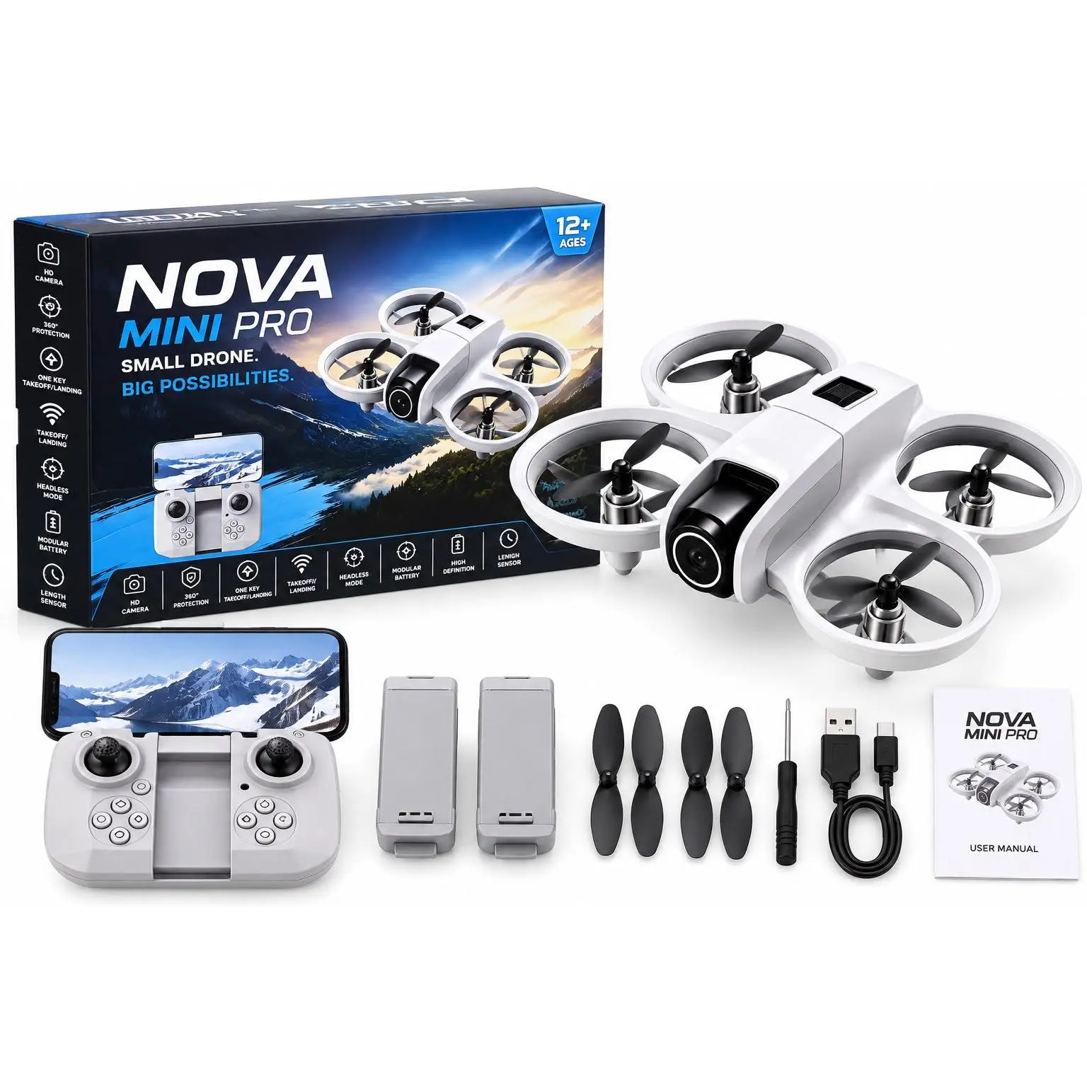 NOVA Mini Pro Small Drone with Camera, 12+ Ages, Includes Controller, Batteries, Propellers, and USB Cable, Perfect for Beginners