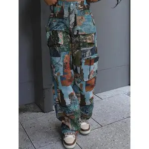 Women's Patchwork Art Print Pocket Cargo Pants, Casual Bohemian Street Style Wide-Leg Pants for Daily Wear, All-Season Women's Bottoms, Loose Pants, Wide-Leg Pants, Bohemian Women's Clothing