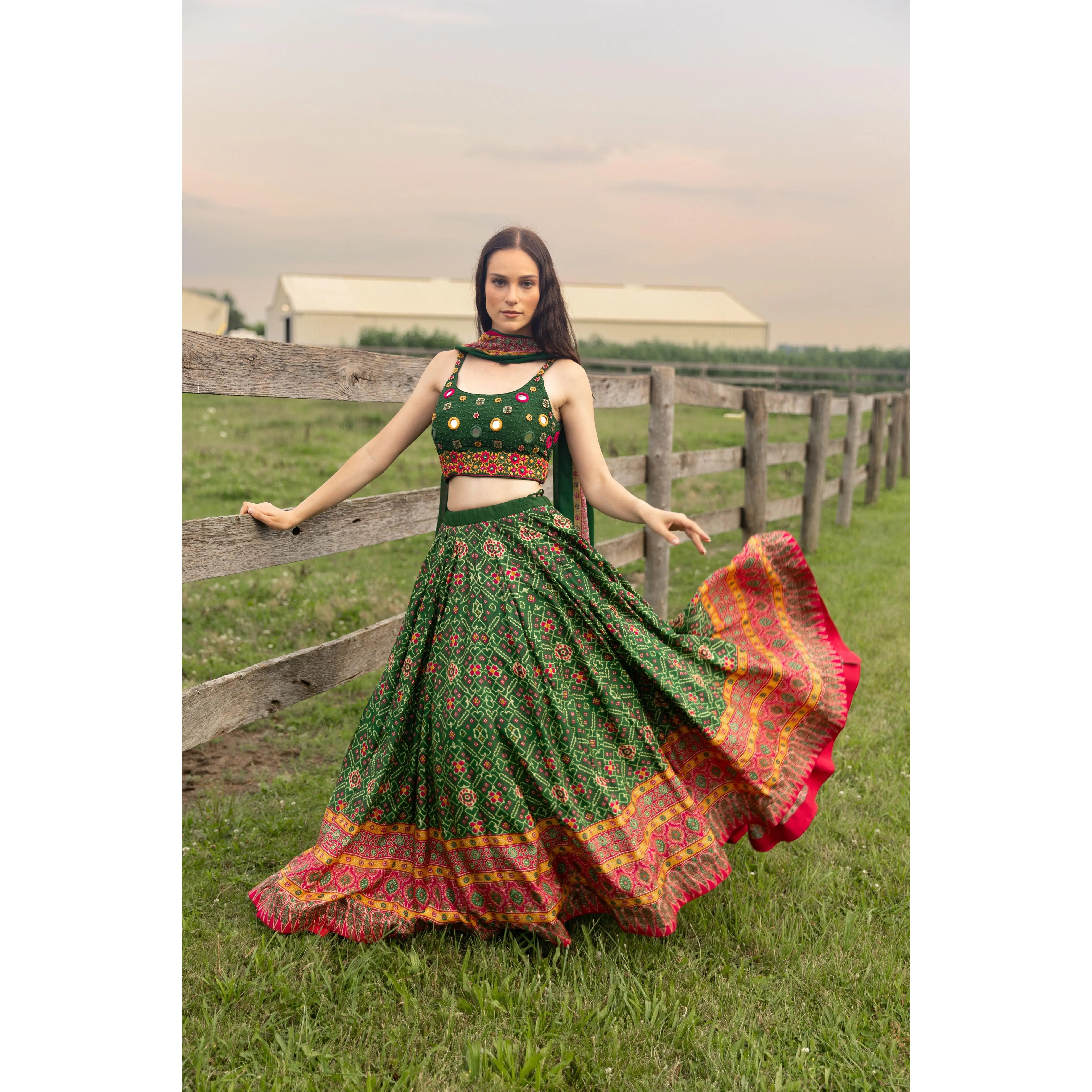 Green Patola Print Chaniya Choli with Hand Embroidered Blouse