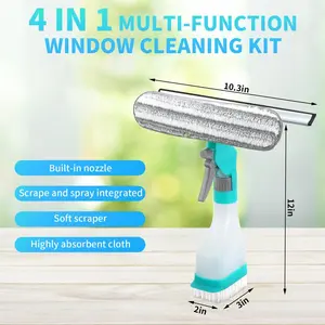 4-in-1 Multifunctional Window Cleaner Kit with Spray Bottle, Squeegee, Brush & Microfiber Cleaning Head for Home Glass, Car Window & Mirror Washing