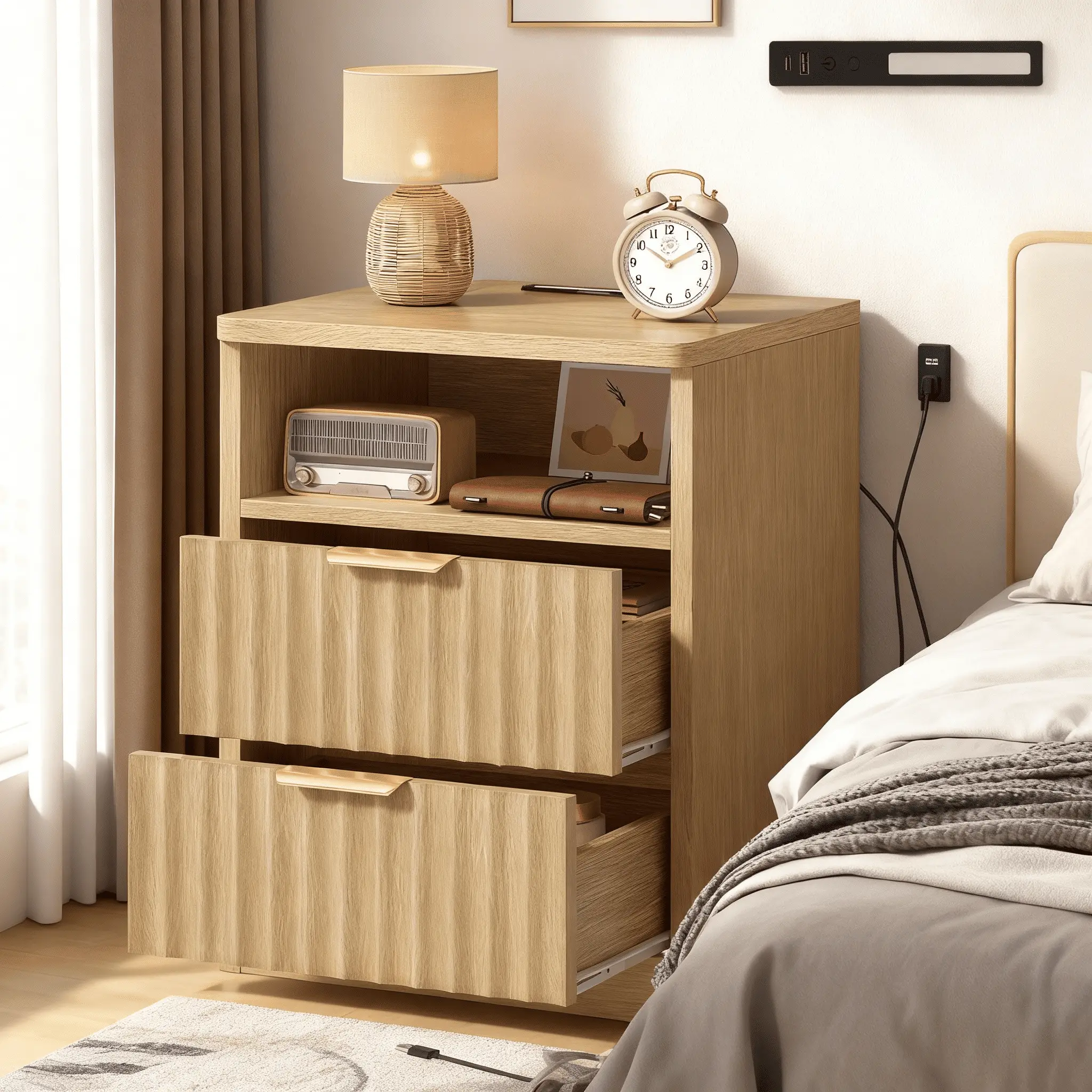 Nightstand with Charging Station, LED Lighting, Fluted Night Stand Set of 2, BedSide Table with Drawer, Solid Wood Feet, Open Storage, End Table for Bedroom,