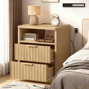 Nightstand with Charging Station, LED Lighting, Fluted Night Stand Set of 2, BedSide Table with Drawer, Solid Wood Feet, Open Storage, End Table for Bedroom,