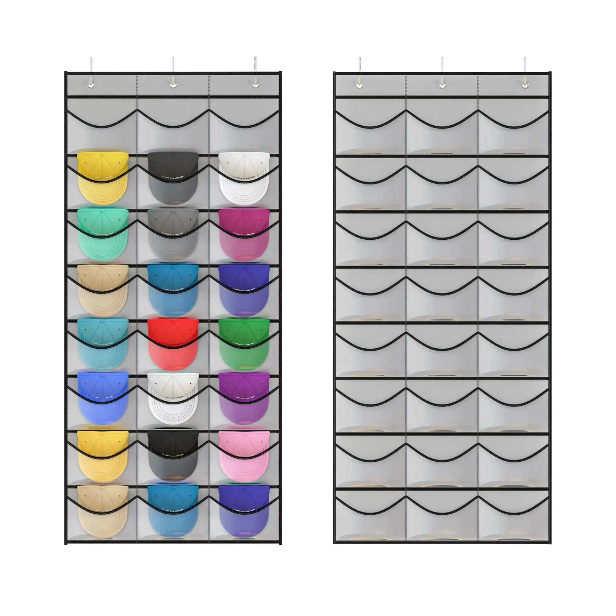 Hat Rack with 24 Clear Deep Pockets, Convenient Over-The-Door or Wall Mount Design for Organizing Baseball Caps, Sleek Gray, Ideal for Household Use Organiser Adjustable