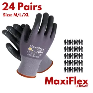 24 Pairs MaxiFlex PIP 34-874 Maxi Flex Ultimate Guantes para Trabajo Foam Nitrile Palm Coated Gloves, Gray