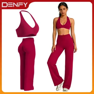 DENFY Women's 2 Piece Workout Sets SoftMotion Backless Sports Bra High Waist Straight Wide Leg Yoga Pants Stretchy Gym Outfits for Fitness Outdoor Daily Wear