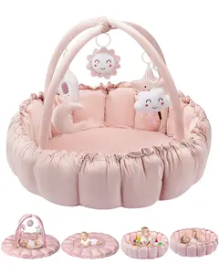 5-in-1 Convertible Baby Gym Play Mat with Hanging Toys, Soft Padded Baby Lounger & Ball Pit, Plush Tummy Time Mat for Newborns to Toddlers, Machine Washable, Gray/pink