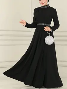 Women's Rhinestone Decor Belted Pleated A Line Dress, Elegant Mock Neck Long Sleeve Maxi Dress for Party Wedding Guest, Ladies Clothes for All Seasons