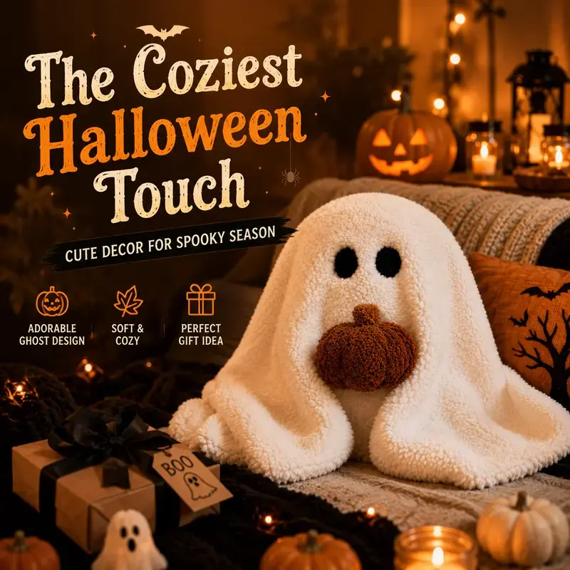 Halloween Ghost Plush Pillow with Pumpkin, 11 Inch Soft Stuffed Ghost Plush Toy, Cute Halloween Home Decor Cushion for Couch, Bed & Office, Cozy Fall Gift for Kids, Teens & Adults