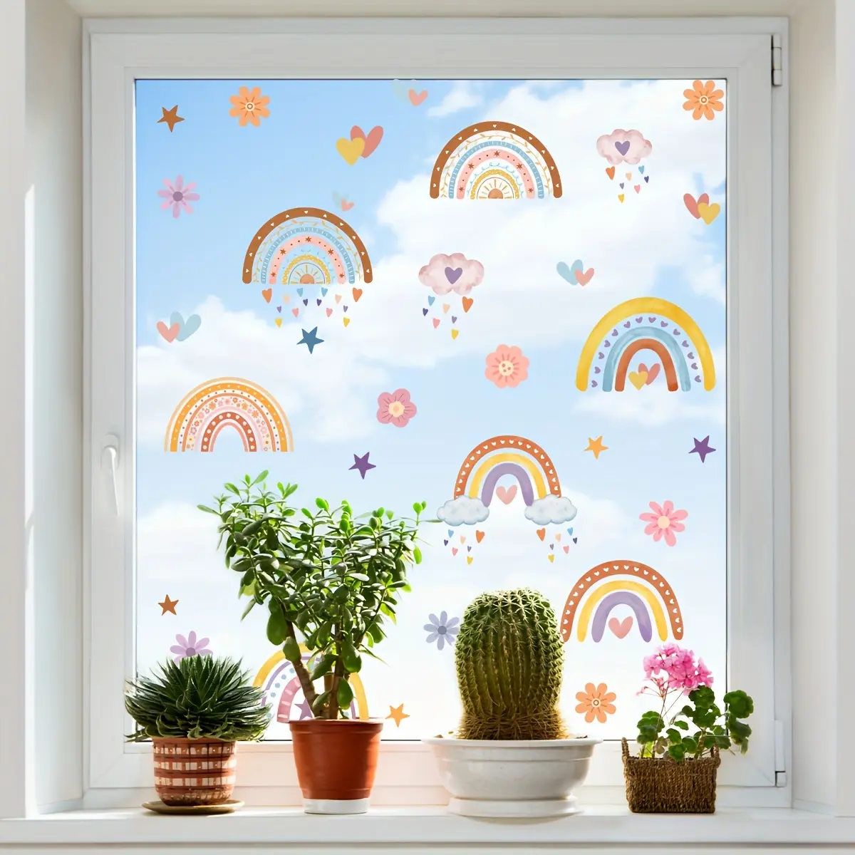 A set of six (20*30cm*6pcs) new hand-painted rainbow flower cloud single-layer static stickers, 20-thread decorative background, beautiful window stickers (D16068-YJ)