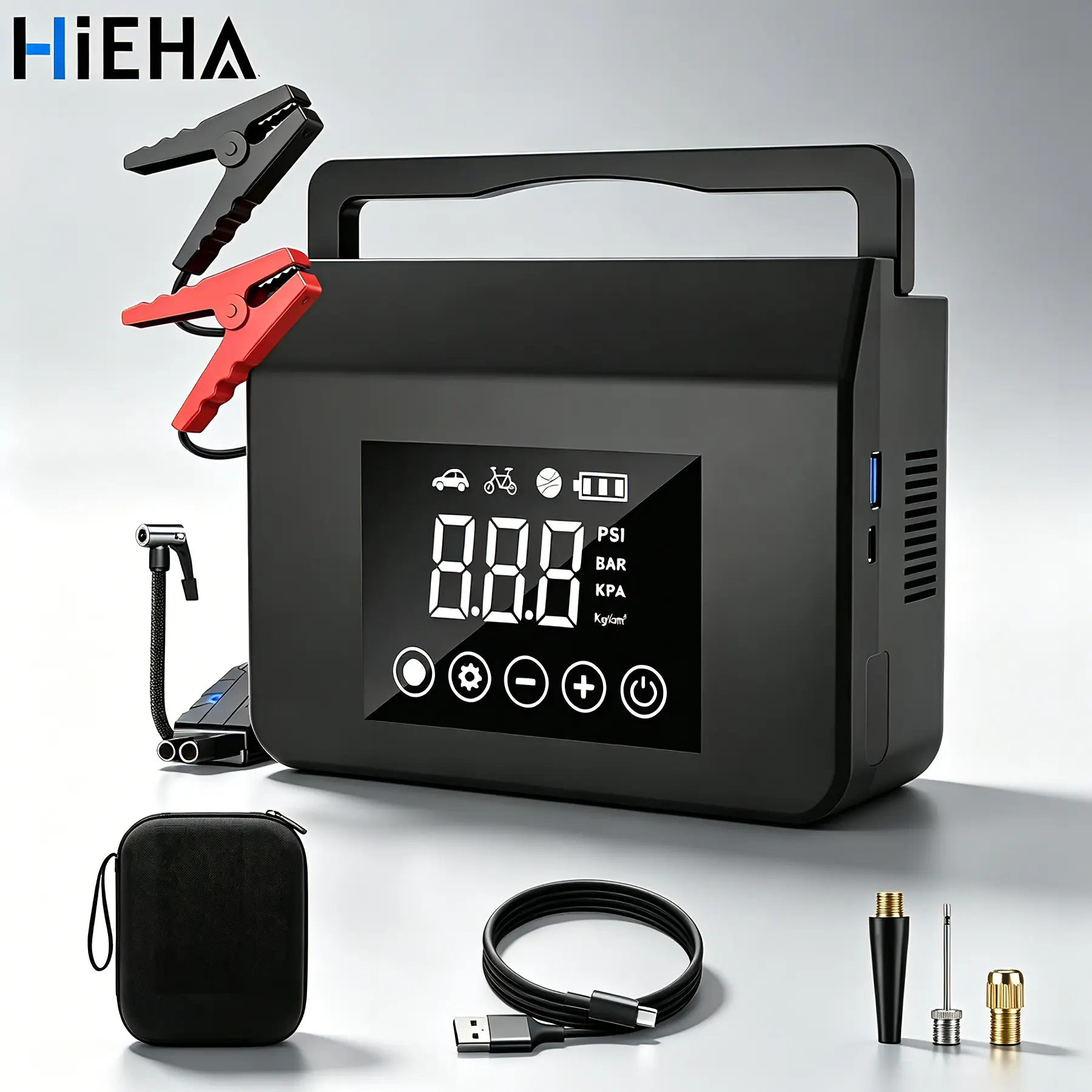 【Hieha】2026 Upgraded Portable Car Jump Starter, 4000A Battery Booster with 150PSI Tire Inflator, 15000mAh Power Bank & LED Emergency Light, 12V Emergency Starter for Cars, Trucks & SUVs