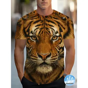 Men'S Tiger Print T-Shirt - 3D Lifelike Wildlife Design, Breathable Polyester, Short Sleeve, Round Neck, for Casual Outings & Nature Walks, Black with Orange & White Tiger Face, Casual Outdoor Wear |   Bold Graphic Tee |   Comfortable Fit