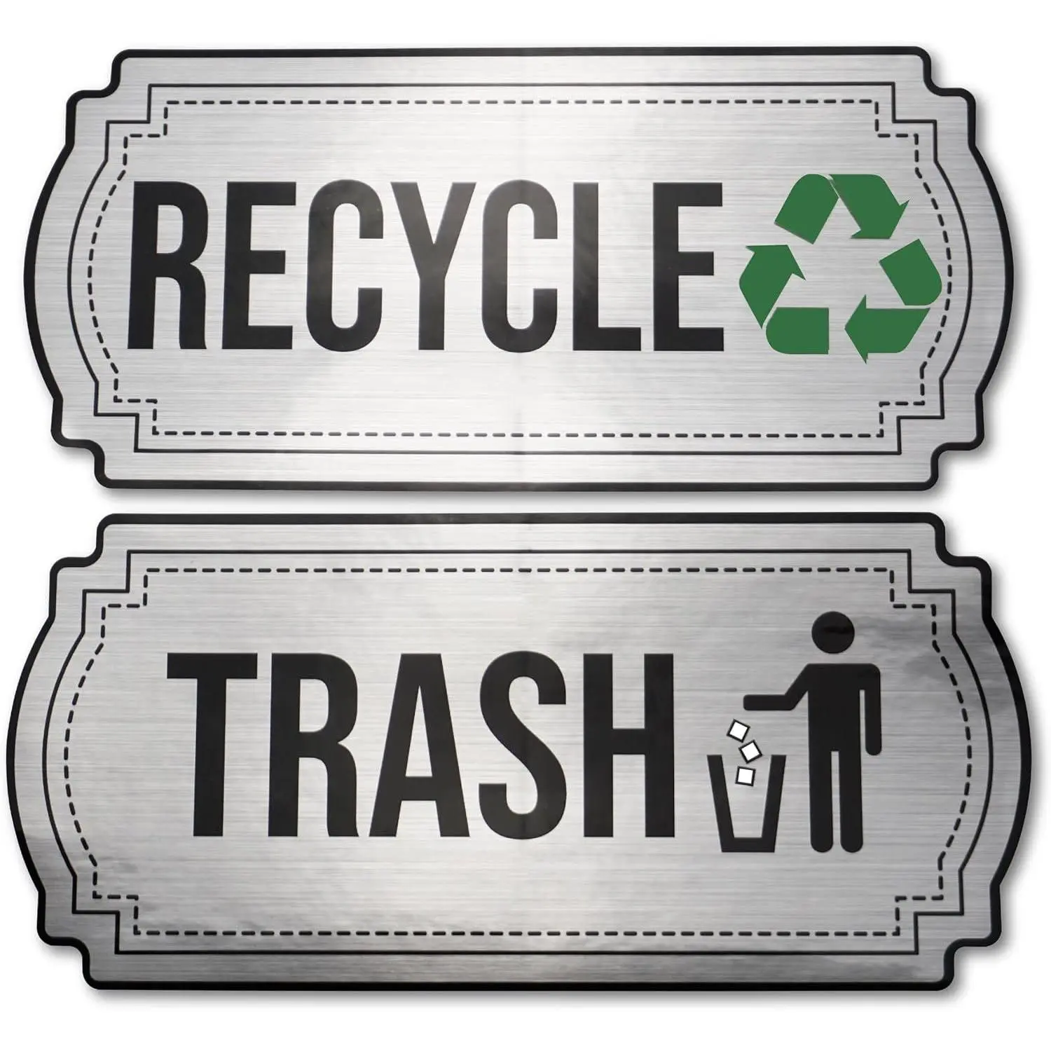 Recycle and Trash Stickers for Kitchen Cans Recycling Bins  Indoor Sticker Combo Garbage Can Logo Symbol 2 Decals 6.5" x 3" Elegant Style with Split-back