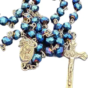 Rosary with Blue Beads and silver Cross Catholic Prayer Beads for Devotion