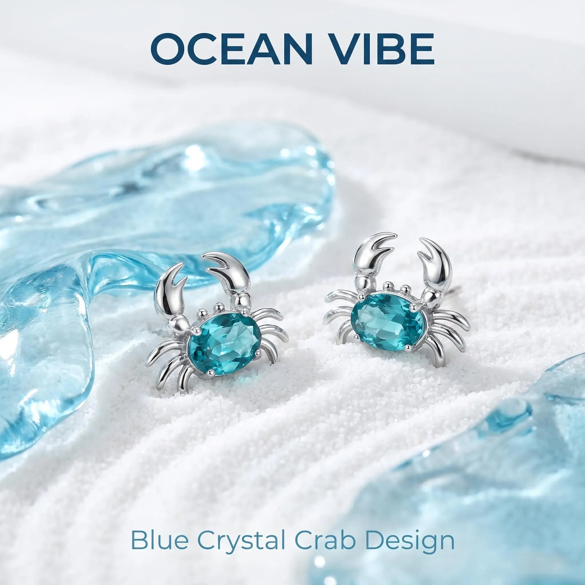 Silver Plated Crab Stud Earrings, Ocean Theme Teal Blue Crystal Crab Earrings, Coastal Beach Jewelry Gift for Women