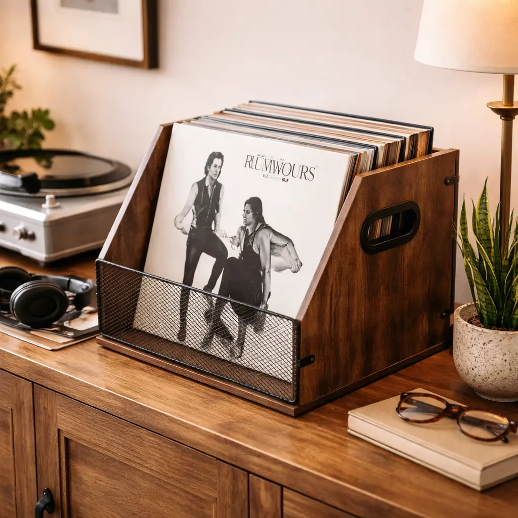 Vintage Vinyl Record Organizer Storage Crate - MDF & Metal Rectangle Box (14.56''x11.61''x11.61''), Slip-Resistant Silicone Accents, 60-LP Rack, 44 lbs Max Load, Durable Space-Saving Home Organizer for Vinyl Lovers, Bedroom Room Accessories (Fits Books),