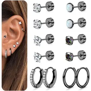 Unisex 20G Hypoallergenic Surgical Steel Flat Back Earrings - CZ-Accented Opal Balls, Cartilage Stud Stacked Sets for Multiple Piercings, Small Everyday Costume Jewelry Accessories