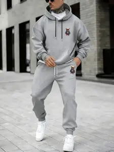 Men's Plus Size Letter Casual Drawstring Hoodie and Sweatpants Set, Loose Fit, Micro Stretch Fabric, Geometric Pattern, Fall & Winter