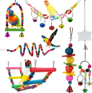 Parakeet Toys,7 Pcs Colorful Bird Toys for Parakeets,Pet Bird Cage Hammock Swing Climbing Ladders Chewing  Mirror  Bell Wooden Perch for Budgerigar,Conures, Love Birds,etc
