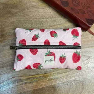Strawberry Pencil Pouch - Pink Fabric with Strawberry Pattern, Elastic Closure, Ideal for Pencil Case Storage