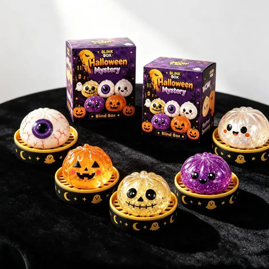 Halloween Mystery Blind Box, Cute Crystal Pumpkin Figurines with Spooky Halloween Characters, Mini Collectible Desk Decorations with Pumpkin, Ghost, Eyeball and Skull Designs, Fun Surprise Unboxing Toy for Party Decor, Home Display and Halloween Gift
