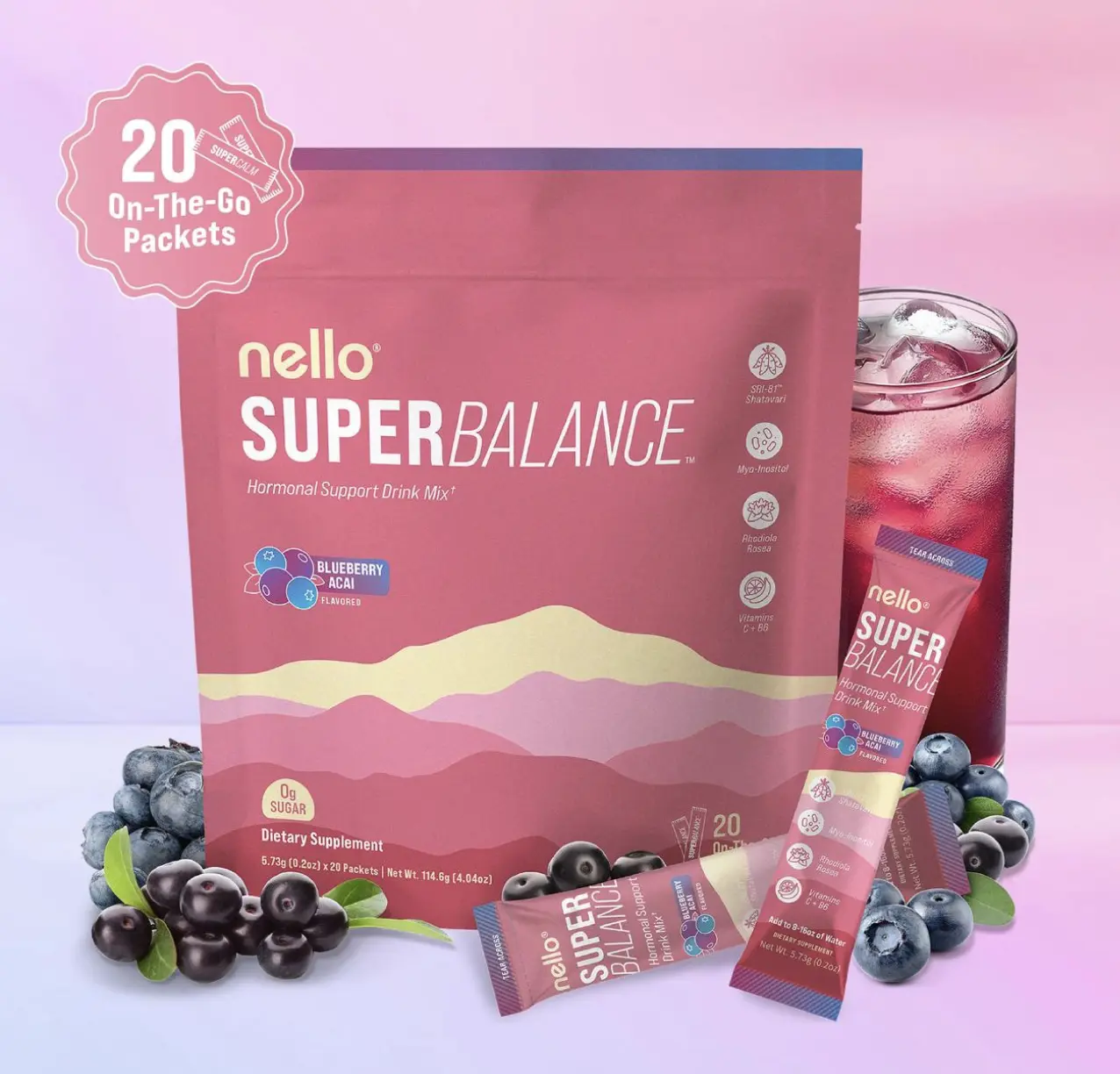 (AUCTION) Nello Superbalance Hormonal Support Drink Mix, 20 (AUCTION) Travel Packets, SRI-81 Shatavari, Myo-Inositol, Rhodiola Rosea, Vitamin C, Magnesium, Theobromine, Vitamin B6/C