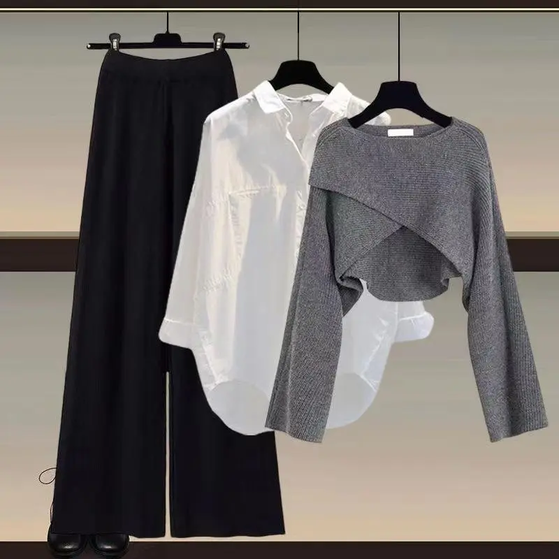 Grey sweater + white shirt + black wide