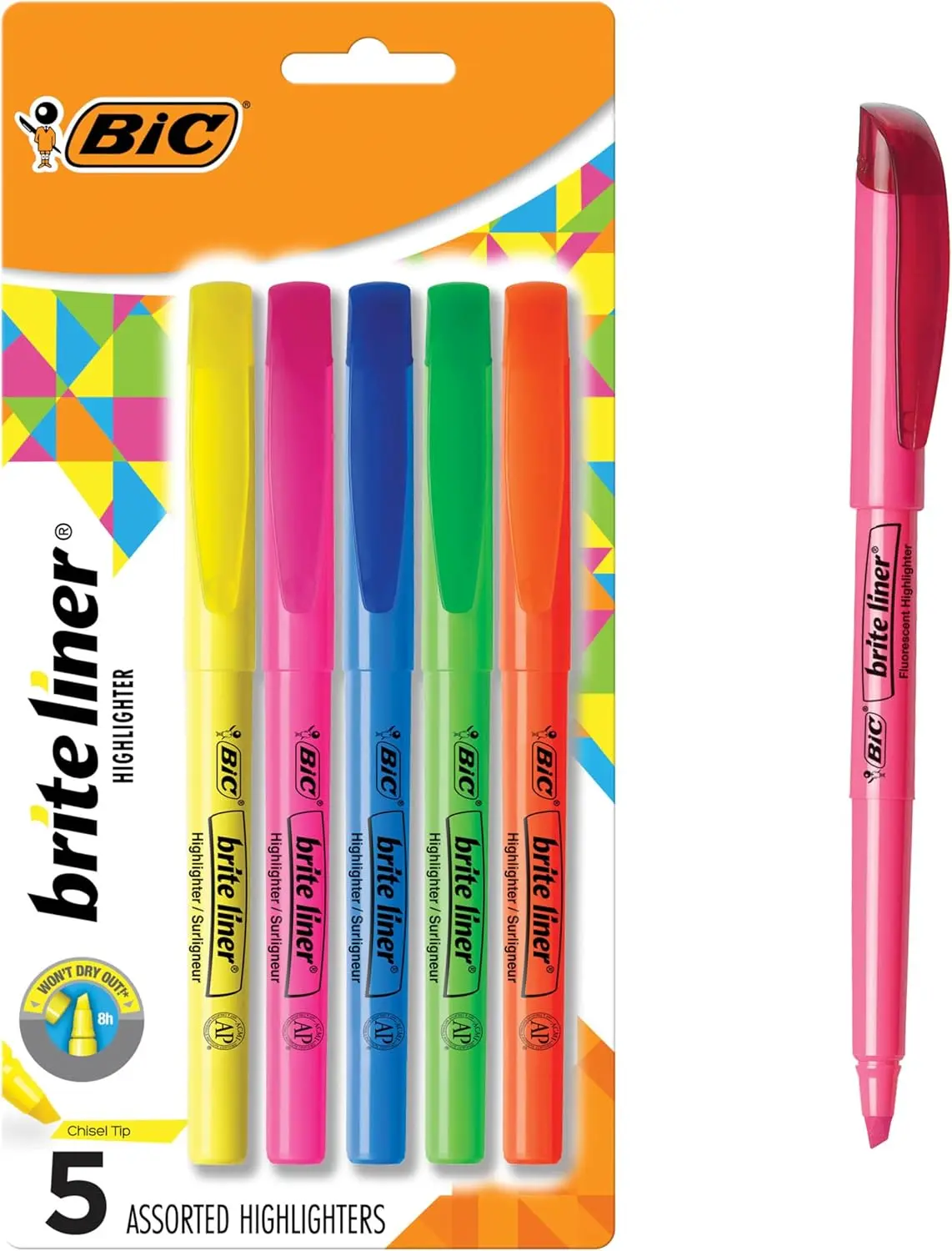 Back to School Highlighters - BIC Brite Liner Chisel Tip Highlighters, 5-Count Assorted Colors, Smooth Writing Highlighter Set for School, College, Office, Notes, Journaling & Study Supplies