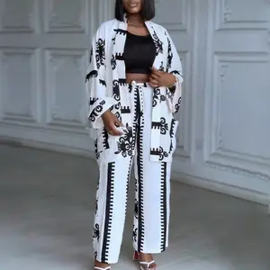 ChicMe Women's 2 Pieces Outfit Open Front Long Sleeve Coat and Drawstring Elastic Waist Wide Leg Pants Set Casual Vintage Baroque Print Loose Fit Set without Tank Top