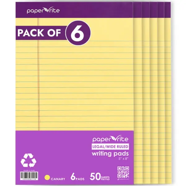 Paper Rite Canary Yellow Writing Pads, 5 x 8 in, 50 Sheets, Premium Lined, Non-Customized, Highly Visible, Easy to Carry, Pack of 6 for School Office Stationery Needs
