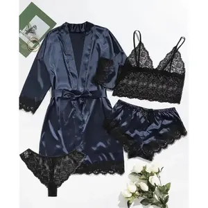 Women’s Floral Lace 3-Piece Pajama Set - Lace Trim Cami, Robe, Shorts Loungewear for Nighttime Use