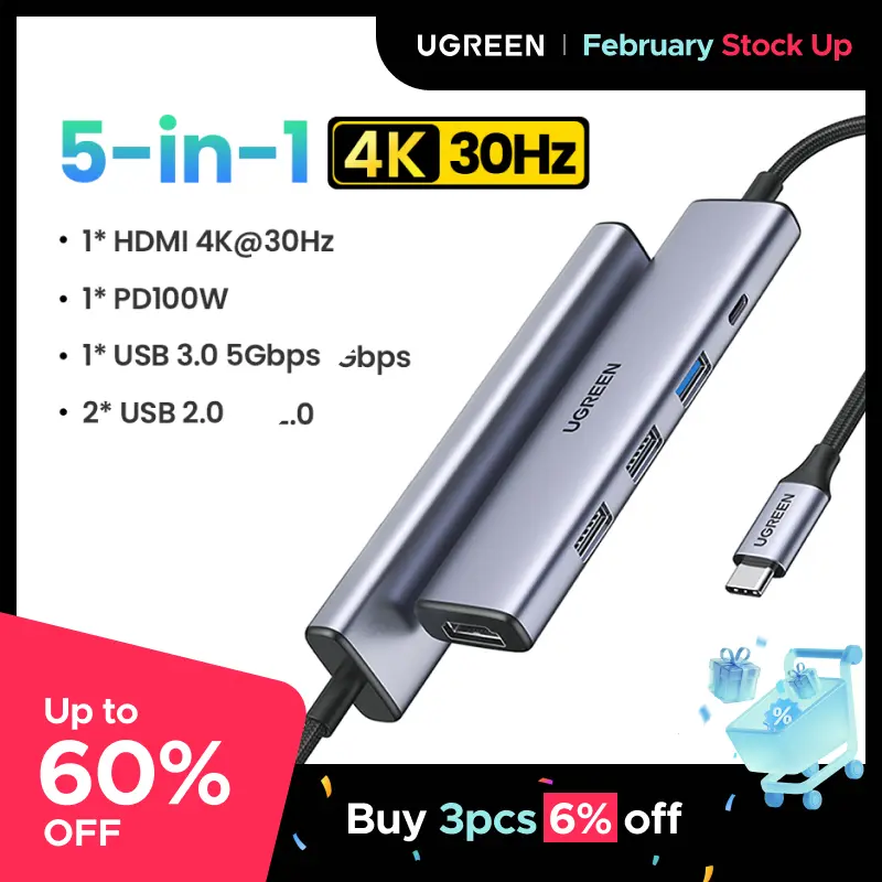 UGREEN USB C Hub 5 in 1 Multiport Adapter Revodok 105 4K HDMI, 100W Power Delivery, 3 USB-A Data Ports, USB C Dongle for MacBook Pro/Air, iPad Pro, iMac, iPhone 16 Pro/Pro Max, XPS, Thinkpad,Tiktokshopstockup 