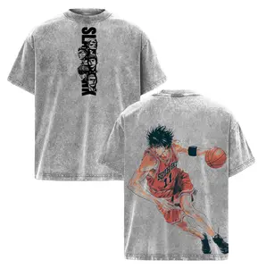 Vintage Slam Dunk Rukawa T-Shirt - Retro Shohoku Team Graphic Tee - Light Acid Wash Oversized Anime Shirt - Heavyweight Cotton Basketball Streetwear