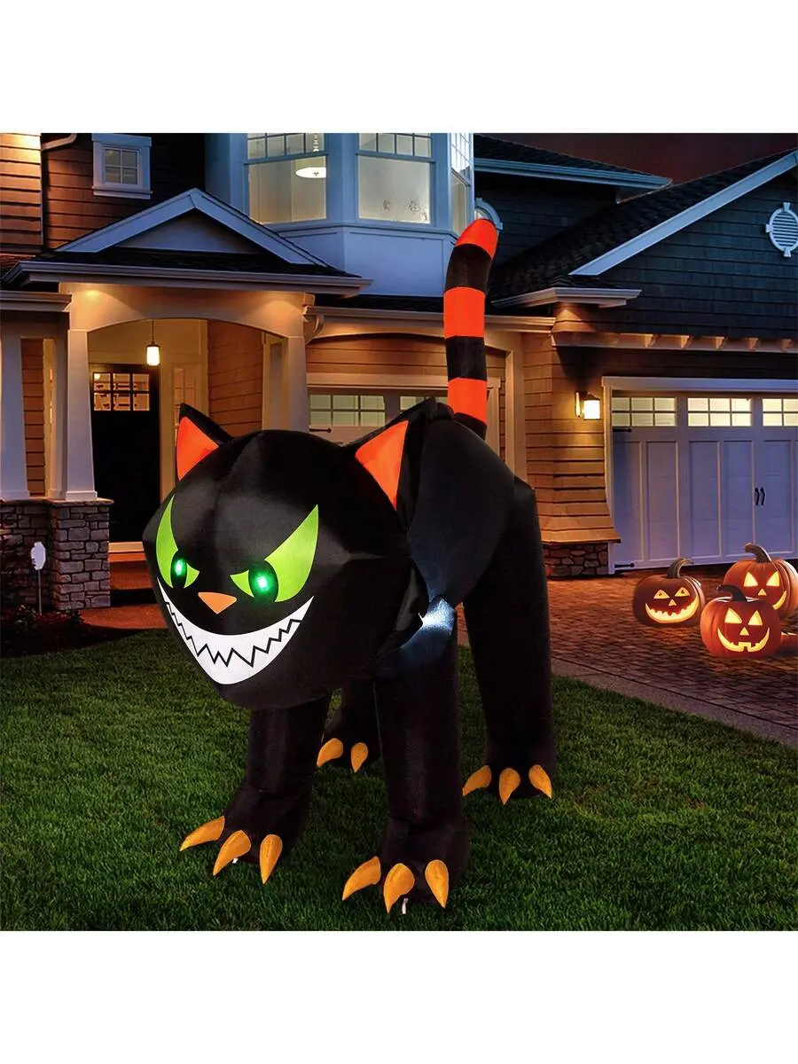 Joyfy 7 Ft Halloween Inflatables Outdoor Decoration, Halloween Blow Up Decoration Cat Inflatable Halloween Decorations With Moving Head & Green Eyes For Halloween Decor, Halloween Lawn Inflatables